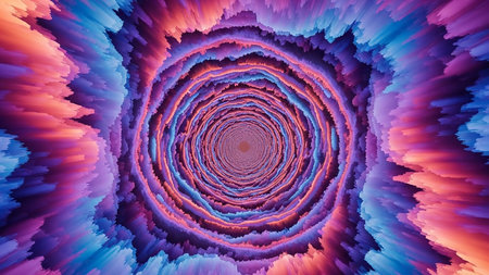A vibrant, psychedelic vortex tunnel pulsates with swirling colors of pink, blue, and orange. The fractal pattern creates a sense of infinite depth and hypnotic motion, the viewer into its...の素材
