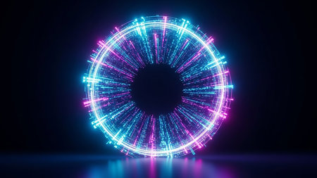 A circular portal made of vibrant neon lights in shades of pink and blue pulsates with energy bursts radiating outwards against a dark background.の素材