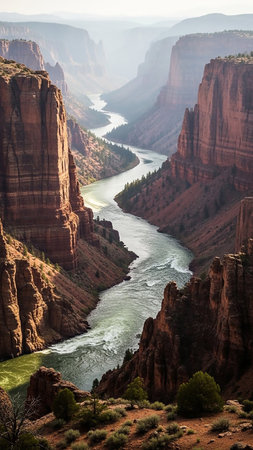 A wide, powerful river flows through a deep canyon, its waters reflecting the sunlight. Towering red rock formations and steep cliffs flank the river, with sparse green vegetation clinging to the...の素材