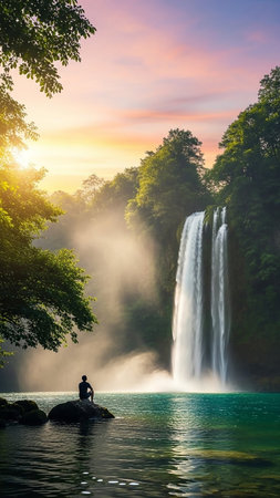 A waterfall cascades into a turquoise pool, with a lone figure meditating on a rock at sunset. Lush green trees frame the scene, and the sky is painted with vibrant sunset colors.の素材