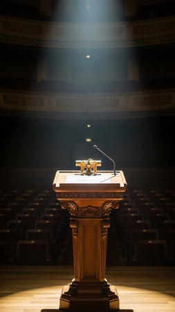 A richly carved wooden podium stands center stage in a darkened theater, bathed in a dramatic spotlight. A microphone and a golden eagle emblem are visible on the podium, with rows of empty seats...の素材