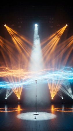 A stage with colorful light beams and a microphone stand in the center. The stage is illuminated with blue, orange, and white light beams creating a dynamic and vibrant atmosphere.の素材