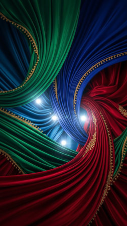 Richly colored draped fabric in red, blue, and green swirls and folds, accented with ornate gold trim. Subtle lights illuminate the texture, creating a dramatic and visual effect reminiscent of...の素材