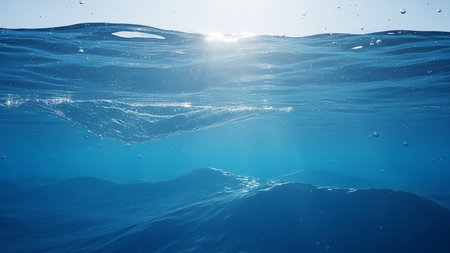 An underwater perspective looking up towards the ocean surface. Sunlight filters through the water, creating shimmering rays and illuminating rising air bubbles. The blue hues transition from the...の素材