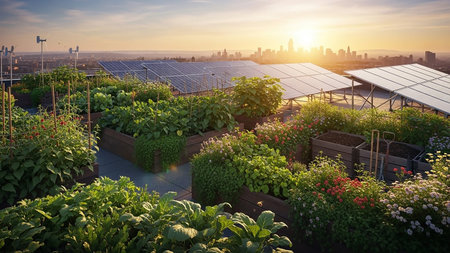 A vibrant urban rooftop garden flourishes with lush greenery and colorful flowers, set against a backdrop of a city skyline bathed in the warm glow of a sunset. Solar panels and wind turbines are...の素材