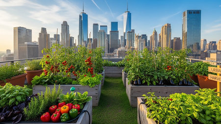 A vibrant urban rooftop garden overflowing with fresh vegetables like tomatoes, peppers, and eggplants. The lush greenery is set against a backdrop of a towering city skyline.の素材
