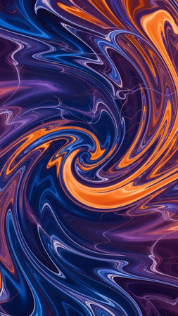 A dynamic abstract composition featuring swirling patterns of liquid paint in vivid shades of purple, blue, and orange. The fluid motion creates a and energetic visual effect, modern backgrounds.の素材