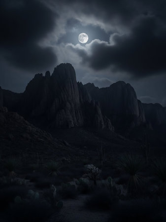 A full moon shines brightly through dramatic, dark clouds, casting an eerie glow over a rugged desert mountain range and sparse vegetation. The scene is dark and mysterious, with sharp silhouettes...の素材