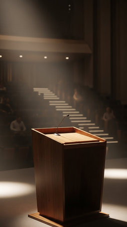 A wooden lectern stands center stage in a darkened auditorium, bathed in a dramatic spotlight. Light beams cut through the dimness, illuminating rows of empty seats in the background, creating a...の素材