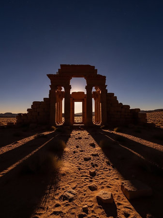 Ancient stone ruins with columns and arches stand silhouetted against a moonlit desert sky, casting long shadows across the sandy terrain, evoking a sense of history and desolation.の素材
