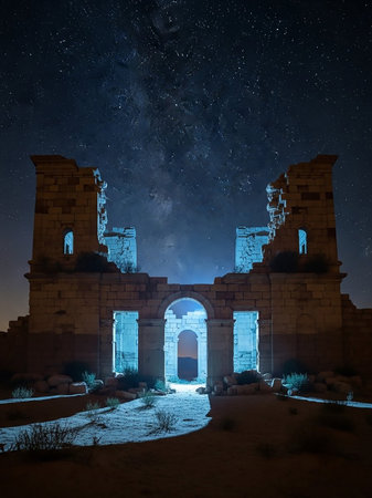 Ancient stone ruins stand against a night sky filled with the Milky Way. Blue light illuminates the weathered stone structure, highlighting its arches and crumbling walls, creating a sense of...の素材