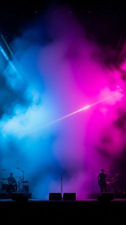 A concert stage bathed in dramatic pink and blue smoke illuminated by bright laser lights. Silhouettes of musicians are visible on stage, creating a dynamic and energetic atmosphere for a live...の素材