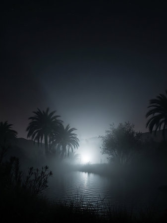 A mysterious desert oasis is bathed in ethereal moonlight, with palm trees and surrounding vegetation softly illuminated and partially obscured by a thick layer of mist. The calm water reflects...の素材