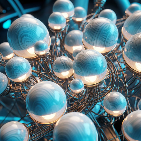 A close-up of numerous glowing orbs interconnected by a dense network of metallic wires, suggesting a futuristic or scientific structure.の素材