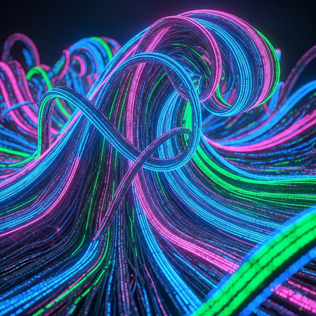 Abstract waves formed by vibrant neon glowing fiber optic strands in pink, blue, and green, creating a dynamic and futuristic visual texture.の素材