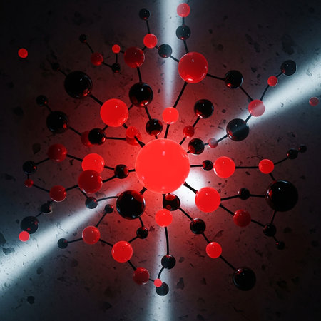 A complex molecular structure of red and black spheres connected by lines, illuminated by bright white light beams on a textured dark background.の素材