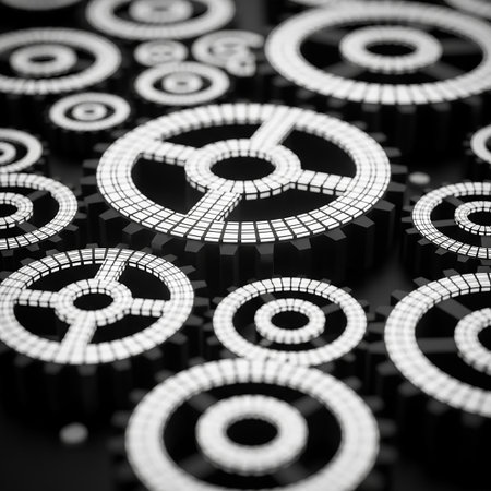 A detailed, close-up view of interlocking digital gears in black and white, forming an intricate mechanical pattern with a sense of precision and complexity.の素材