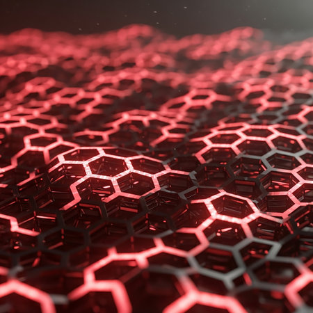 A close-up view of a red hexagonal grid with glowing illuminated edges and a textured surface, creating a futuristic and intricate technological pattern.の素材