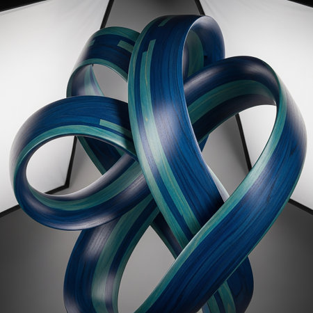 An intricate sculpture made of layered blue and teal wood, featuring intertwined ribbon-like forms creating a dynamic and modern artistic piece.の素材