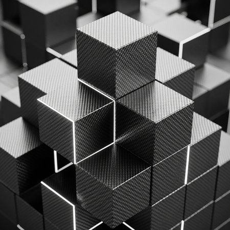 A precise arrangement of stacked cubes with a textured carbon fiber surface. Thin, glowing white lines outline the edges of each cube, creating a sharp contrast against the darkの素材