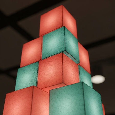 A tower built from stacked, illuminated translucent cubes in alternating red and teal colors, creating a soft, diffused glow.の素材