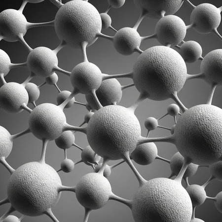 A detailed, monochromatic 3D render of a molecular structure. Spheres are connected by lines, forming a complex network against a gradient background.の素材