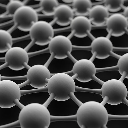 A close-up 3D render of a molecular structure or network, showing interconnected spheres forming a repeating geometric pattern against a dark background.の素材