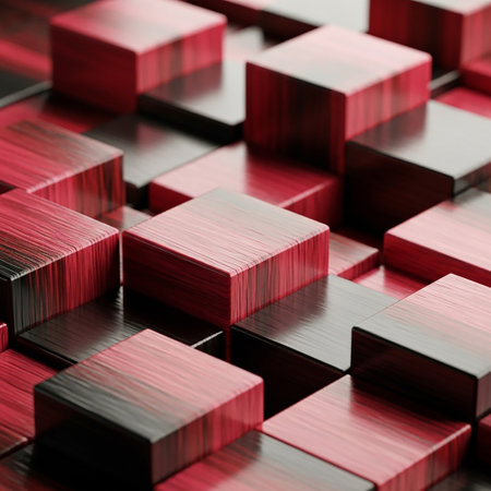 A close-up view of stacked red and black wooden cubes with a wood grain texture, forming a repeating geometric pattern with dramatic lighting and shadows.の素材
