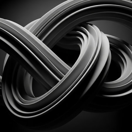 A monochrome abstract sculpture of intertwined, twisted ropes forms a complex knot with smooth, rounded surfaces and dramatic lighting.の素材