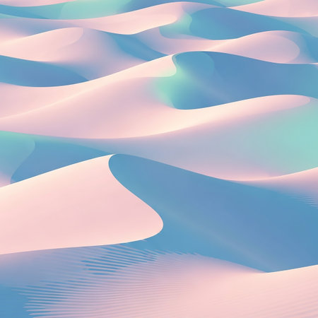 An abstract representation of sand dunes in soft pastel colors of pink, blue, and teal, with smooth, flowing curves and gentle light and shadow.の素材
