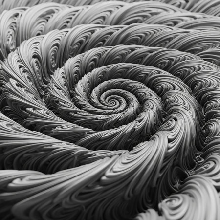 A detailed monochrome abstract featuring a complex spiral pattern formed by numerous flowing, organic strands, creating a sense of intricate movement.の素材