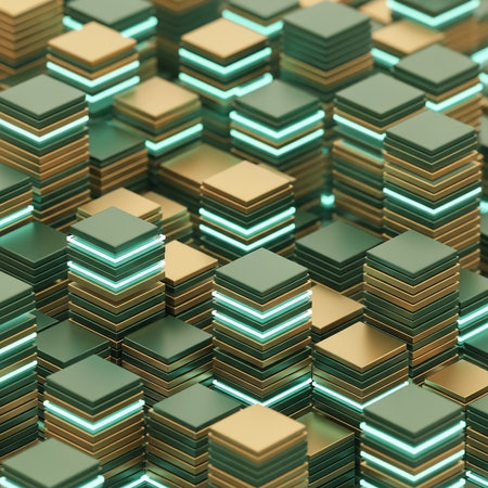 A detailed 3D render of stacked geometric shapes in gold and green, illuminated by bright blue light, creating a futuristic and technological aesthetic.の素材