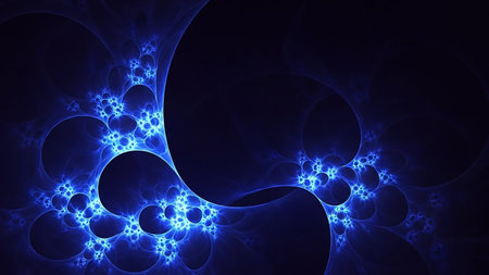 A dark background is illuminated by glowing electric blue fractal patterns. The intricate, organic shapes resemble cellular structures or cosmic nebulae, creating a sense of dynamic energy and...の素材
