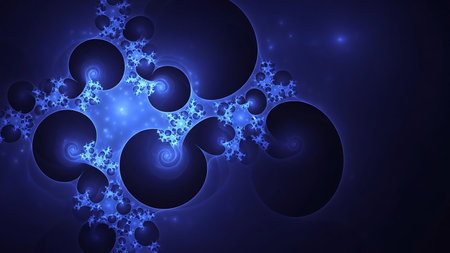 A complex and intricate fractal pattern in deep blue hues. Glowing circular shapes and delicate tendrils create a sense of cosmic or cellular structure, with subtle light effects.の素材