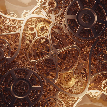 A highly detailed close-up of interlocking golden clockwork gears and intricate mechanical components. The warm metallic tones and complex arrangement suggest a and ornate mechanism.の素材