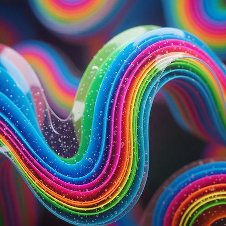 Close-up view of vibrant, rainbow-colored translucent tubes with numerous air bubbles trapped inside. The tubes curve and twist, creating a dynamic and colorful abstract pattern.の素材