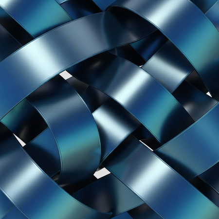 A close-up view of metallic blue ribbons intricately woven together, forming a complex and textured abstract pattern with smooth, reflective surfaces and dramatic lighting.の素材