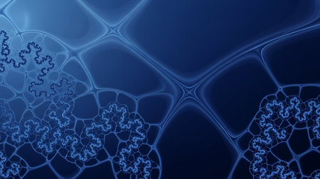 A deep blue abstract background featuring intricate fractal patterns resembling cellular structures and interconnected networks. The luminous lines create a sense of depth and complexity.の素材