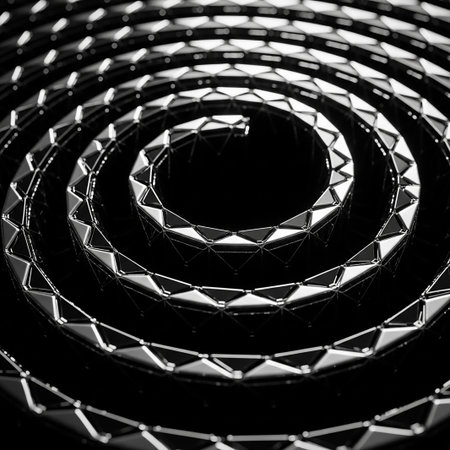 A highly detailed metallic spiral structure composed of sharp triangular facets creates a complex geometric pattern against a dark background.の素材