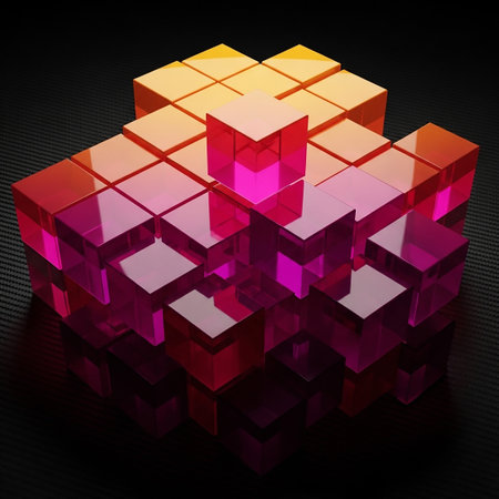 A 3D rendered arrangement of translucent cubes, transitioning from yellow and orange at the to pink and purple at the bottom, set against a dark textured background.の素材