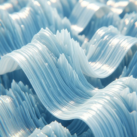 A detailed 3D render abstract, flowing waves of icy blue with sharp peaks and sparkling highlights.の素材