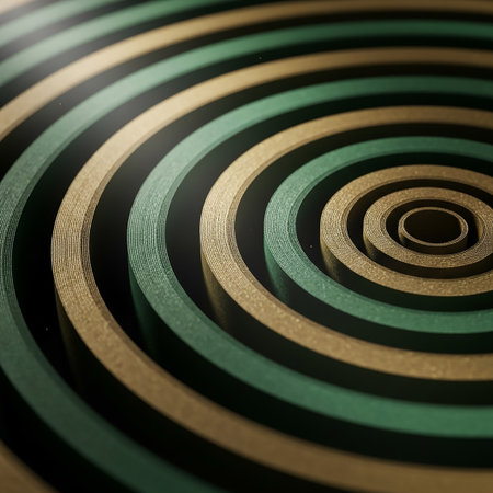 Abstract featuring concentric rings of gold and green metallic forming a deep spiral pattern with a sense of depth and motion.の素材