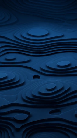 An abstract dark blue background resembling topographic contour lines, creating a layered, dimensional landscape effect.の素材