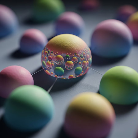 A close-up view of multiple pastel-colored spheres connected by thin lines. One central sphere is transparent, revealing numerous smaller bubbles within, catching light and color.の素材