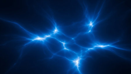 Abstract depiction of bright blue electric lightning tendrils crackling and glowing against a dark background, suggesting raw energy and power.の素材