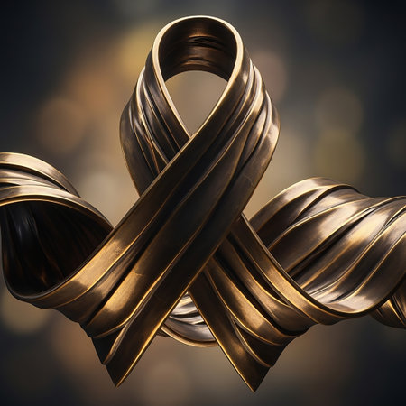 A metallic bronze ribbon is intricately twisted and looped into a symbolic awareness ribbon shape, with a textured, polished surface.の素材