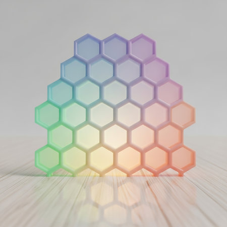 A geometric arrangement of hexagonal cells a soft pastel rainbow gradient, illuminated from within with a gentle reflection.の素材