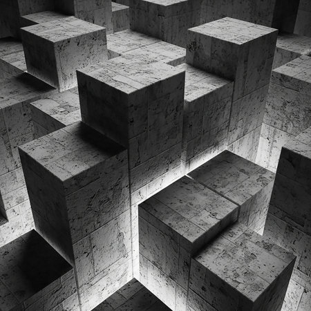 An abstract background composed of geometric concrete cubes arranged in a dimensional pattern, with dramatic lighting casting shadows and highlighting edges.の素材
