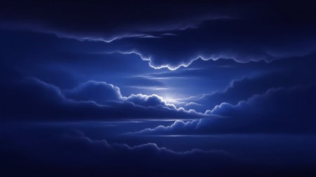 A dramatic night sky filled with dark, luminous clouds is illuminated by a bright, ethereal light source, creating a sense of depth and mystery.の素材