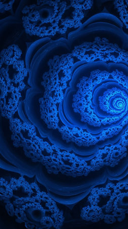 A detailed blue fractal pattern forms a complex, symmetrical spiral resembling a blooming flower with intricate textures.の素材